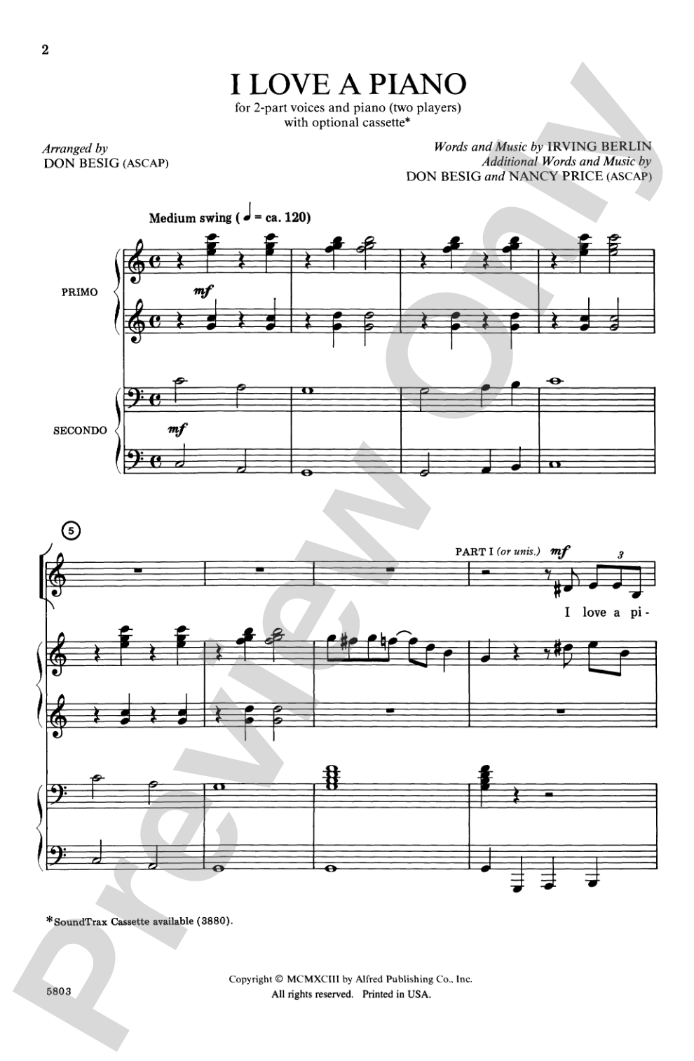 I Love a Piano: 2-Part Choral Octavo