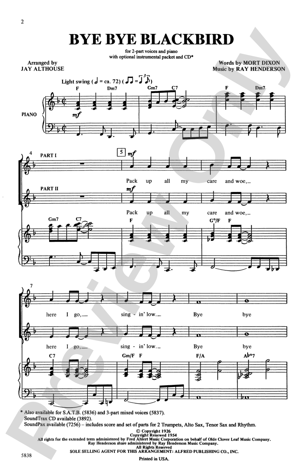 Bye Bye Blackbird: 2-Part Choral Octavo