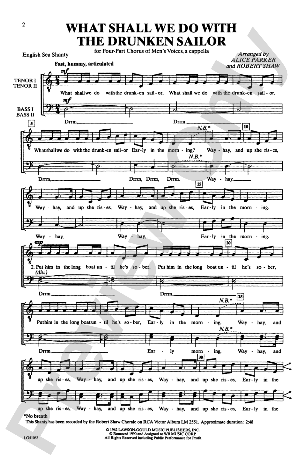 What Shall We Do with the Drunken Sailor: TTBB Choral Octavo