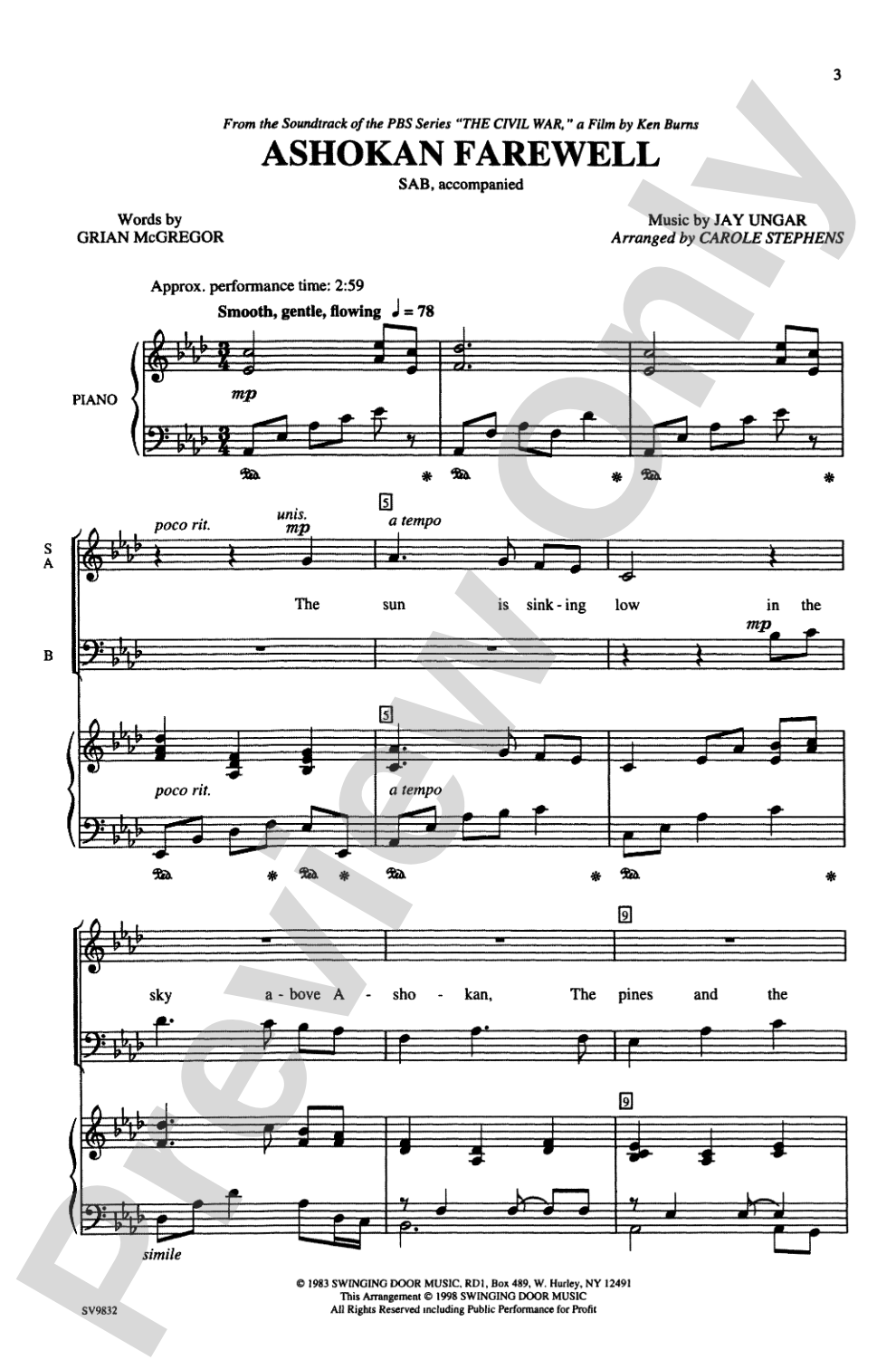 Ashokan Farewell (from "The Civil War," a Film by Ken Burns): SAB Choral Octavo