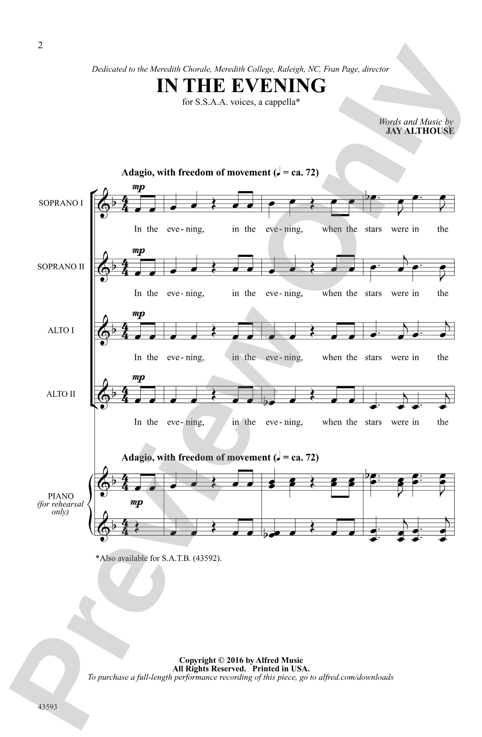 In the Evening: SSAA Choral Octavo
