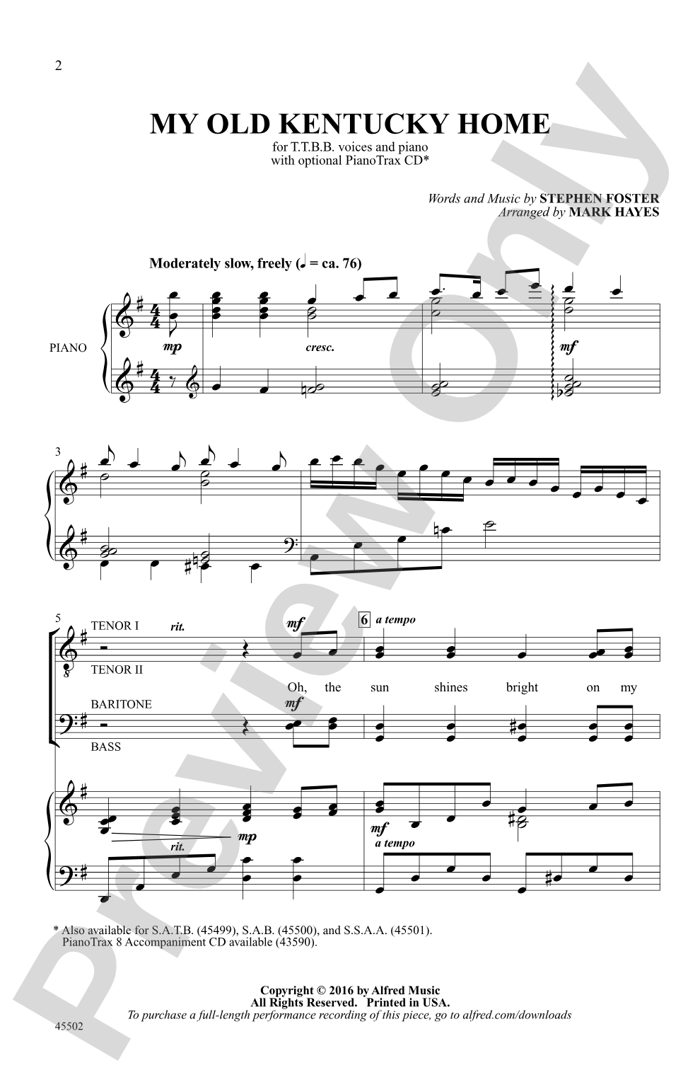 My Old Kentucky Home: TTBB Choral Octavo