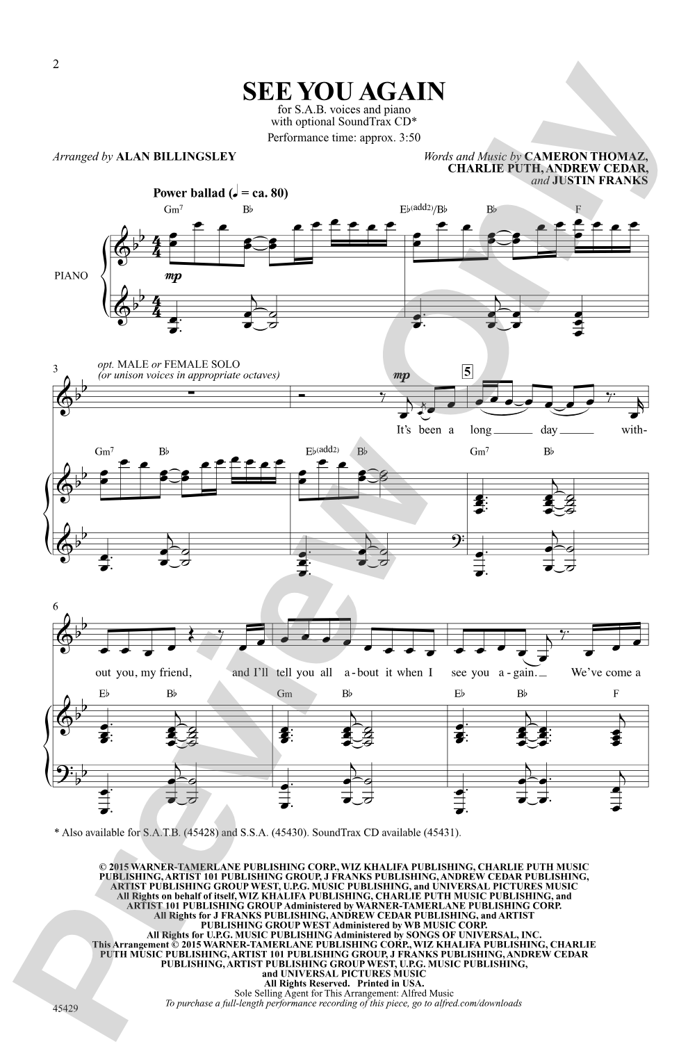 See You Again: SAB Choral Octavo