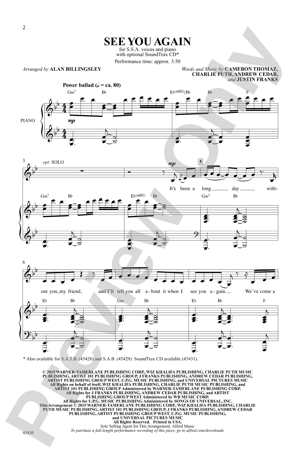 See You Again: SSA Choral Octavo