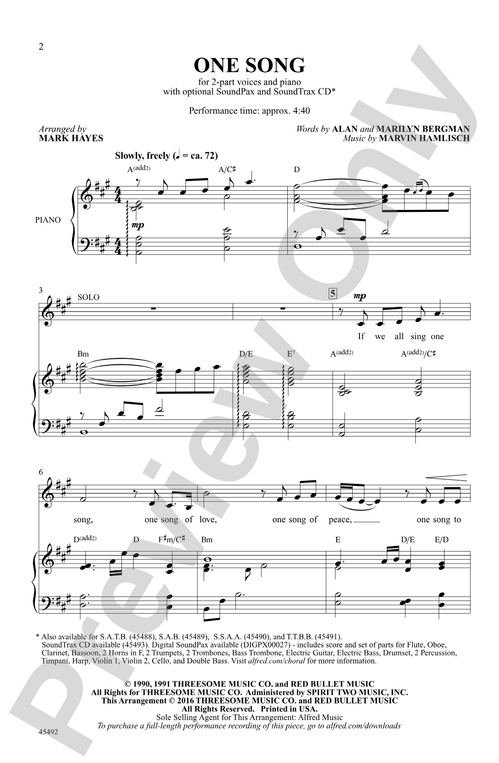 One Song: 2-Part & Opt. Solo Choral Octavo