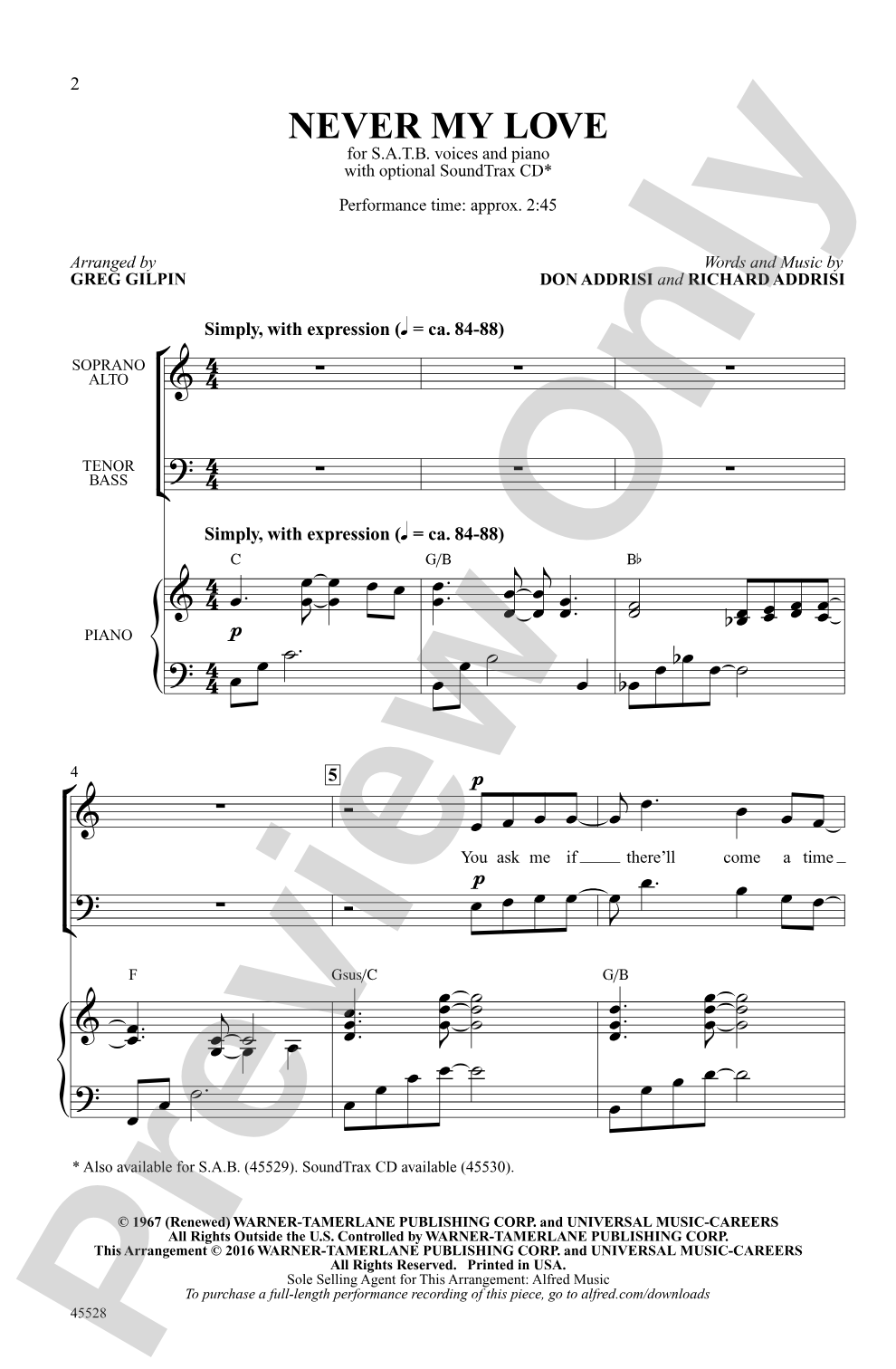 Never My Love: SATB Choral Octavo