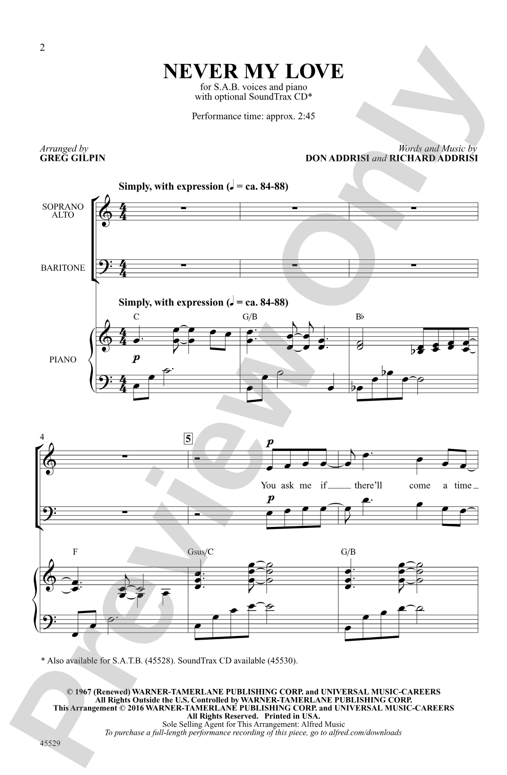 Never My Love: SAB Choral Octavo