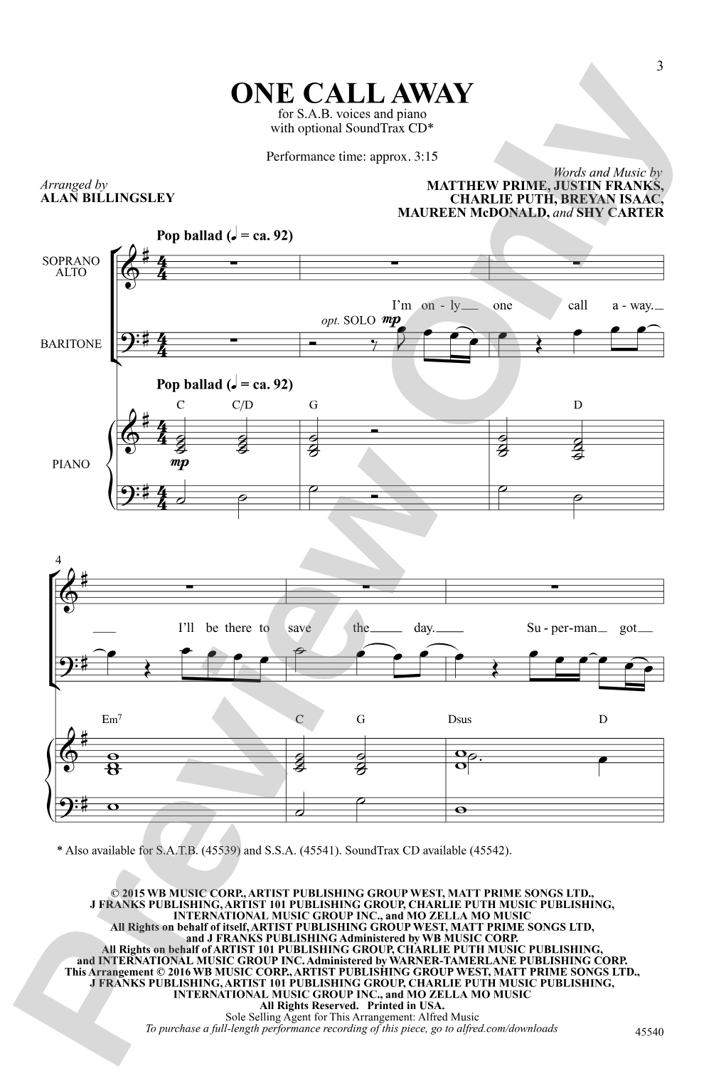 One Call Away: SAB Choral Octavo