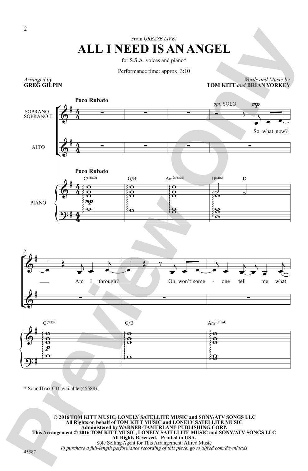 All I Need Is an Angel (from <i>Grease: Live</i>): SSA Choral Octavo