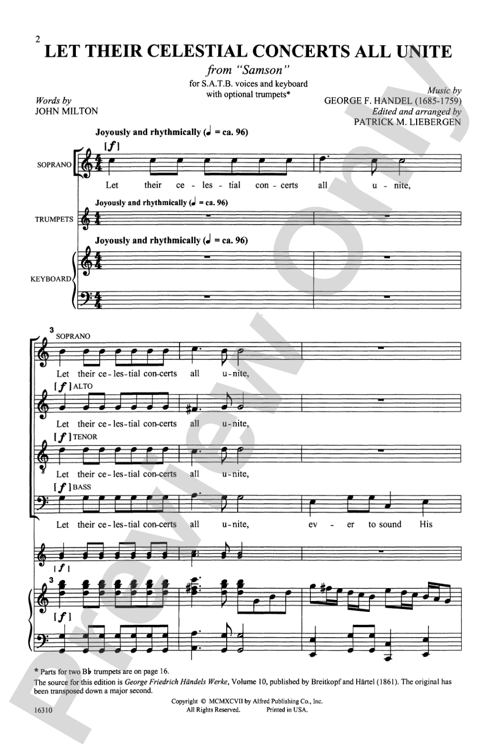 Let Their Celestial Concerts All Unite (from <i>Samson</i>): SATB Choral Octavo