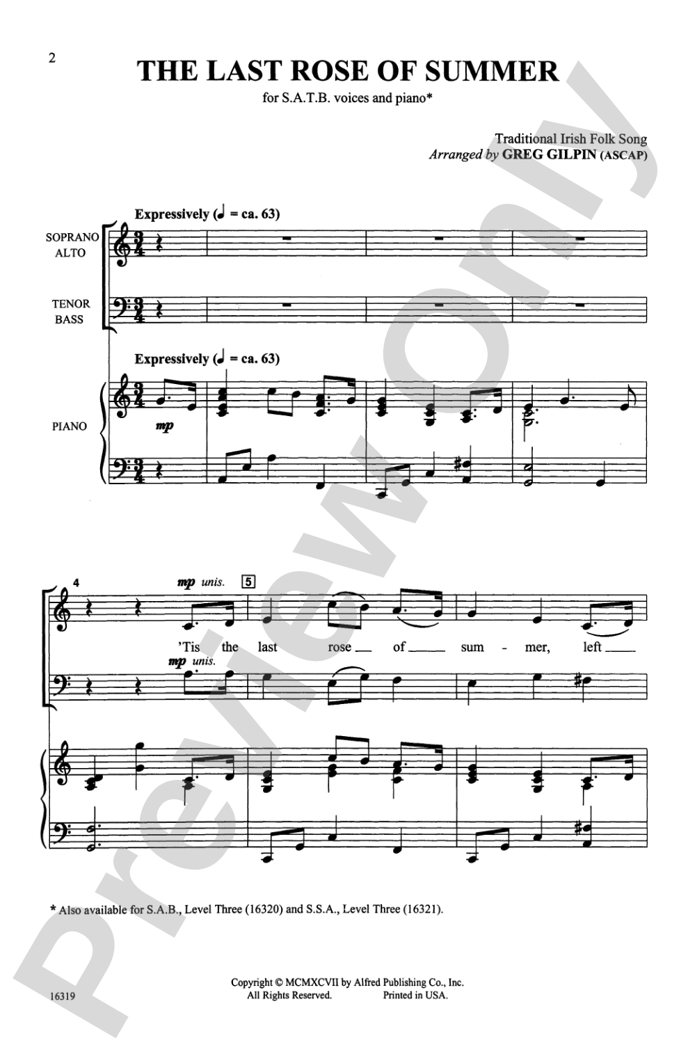 The Last Rose of Summer: SATB Choral Octavo