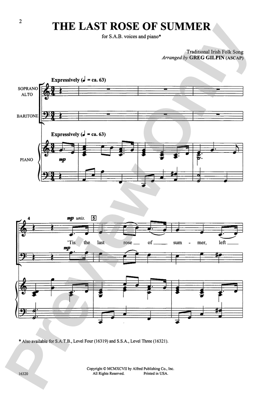 The Last Rose of Summer: SAB Choral Octavo