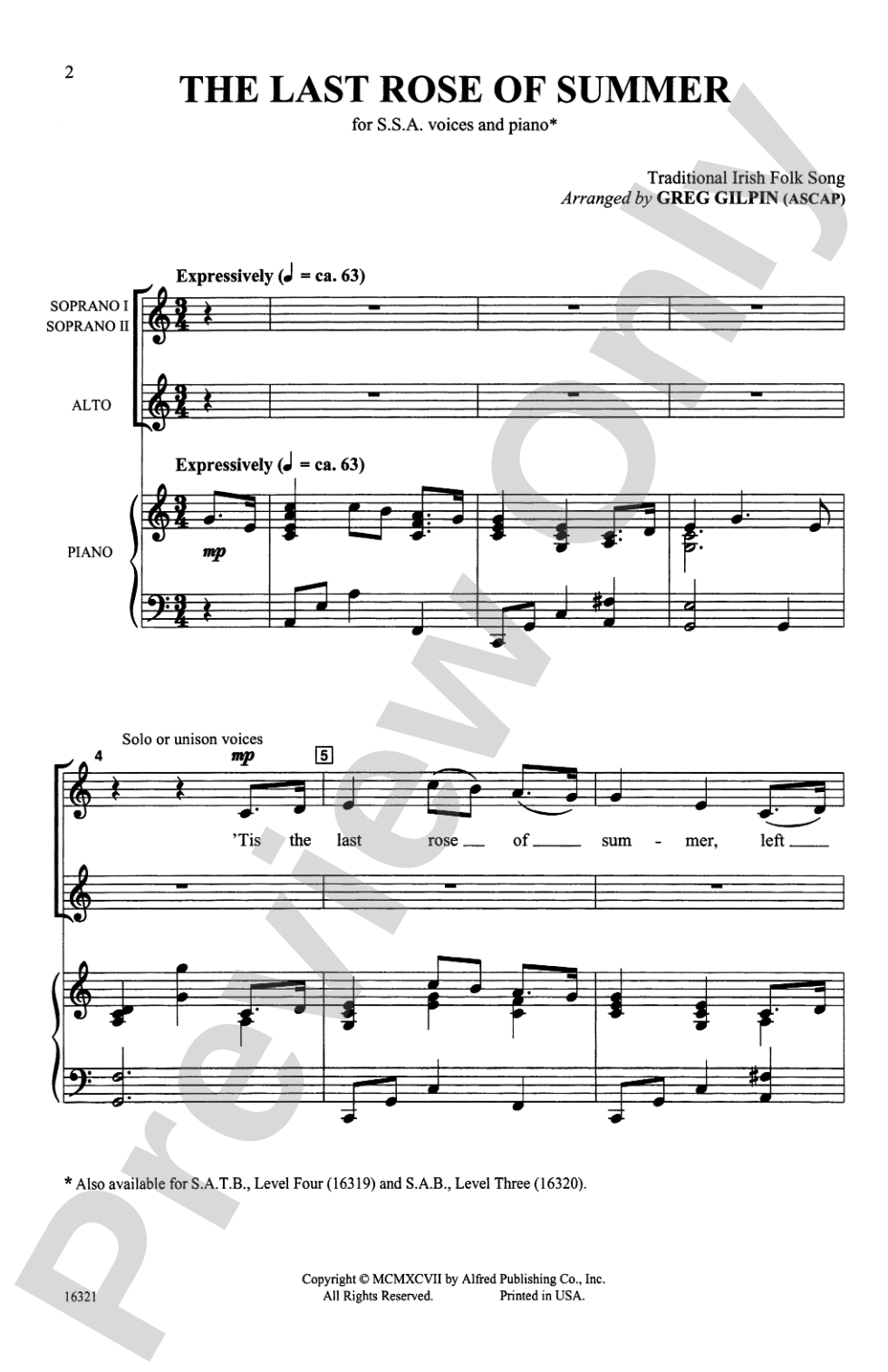 The Last Rose of Summer: SSA Choral Octavo