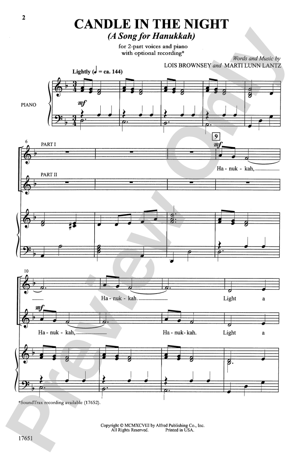 Candle in the Night (A Song for Hanukkah): 2-Part Choral Octavo