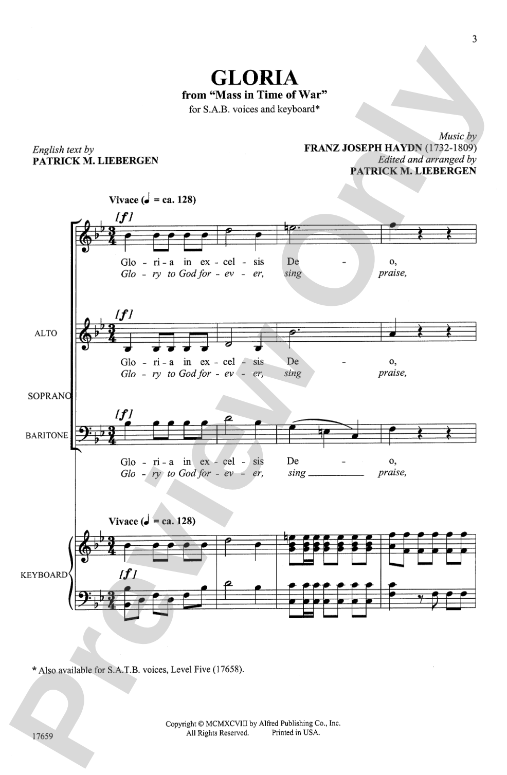 Gloria (from <i>Mass in Time of War</i>): SAB Choral Octavo