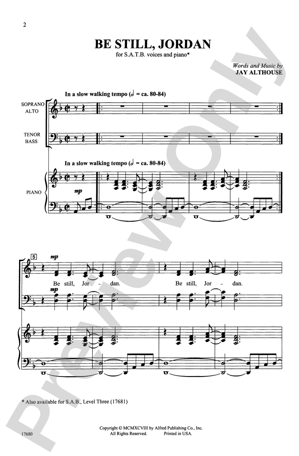 Be Still, Jordan: SATB Choral Octavo