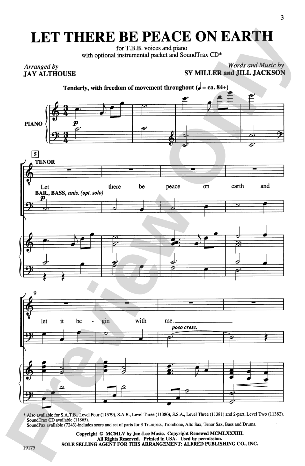 Let There Be Peace on Earth: TBB Choral Octavo