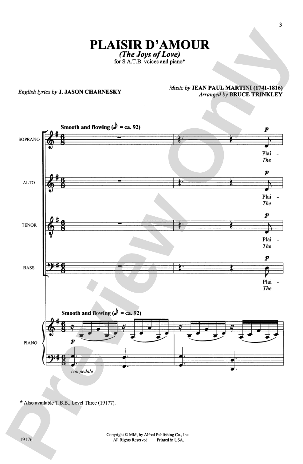 Plaisir d'Amour (The Joys of Love): SATB Choral Octavo