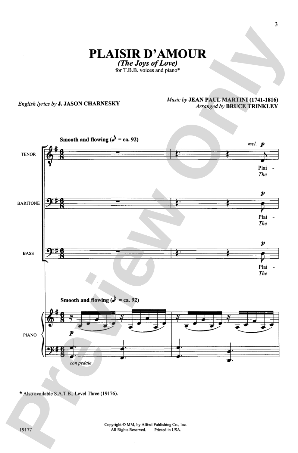 Plaisir d'Amour (The Joys of Love): TBB Choral Octavo