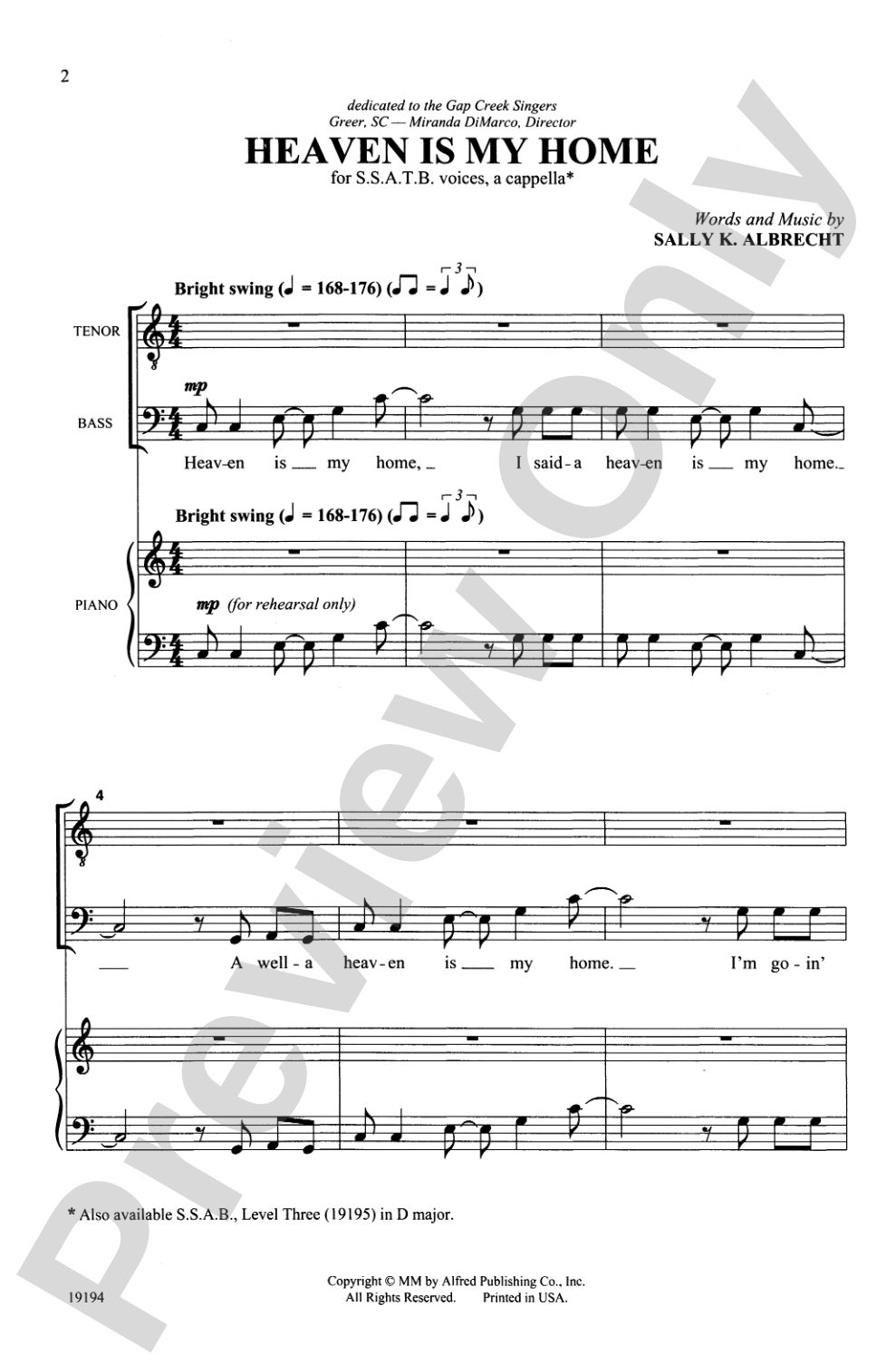 Heaven Is My Home: SSATB, <I>a cappella</I> Choral Octavo