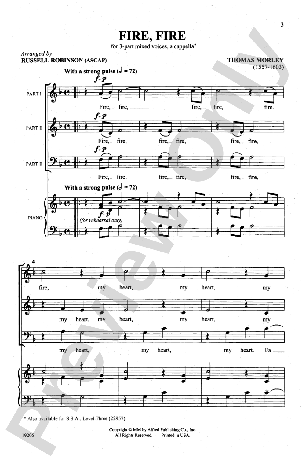 Fire, Fire: 3-Part Mixed, <I>a cappella</I> Choral Octavo