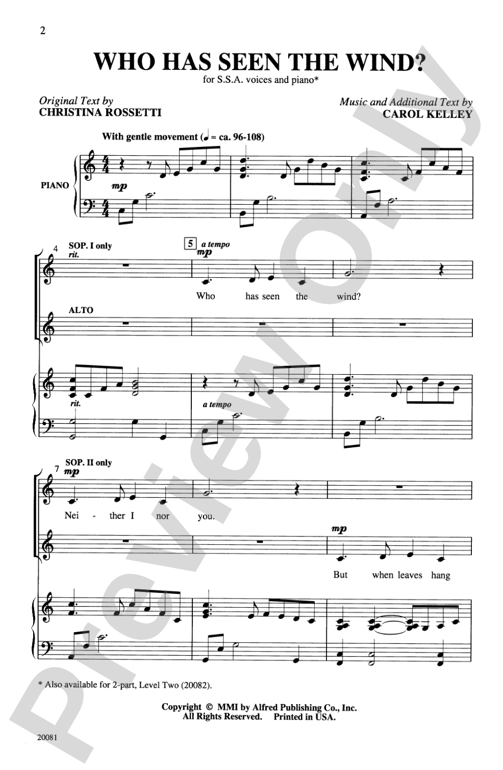 Who Has Seen the Wind?: SSA Choral Octavo