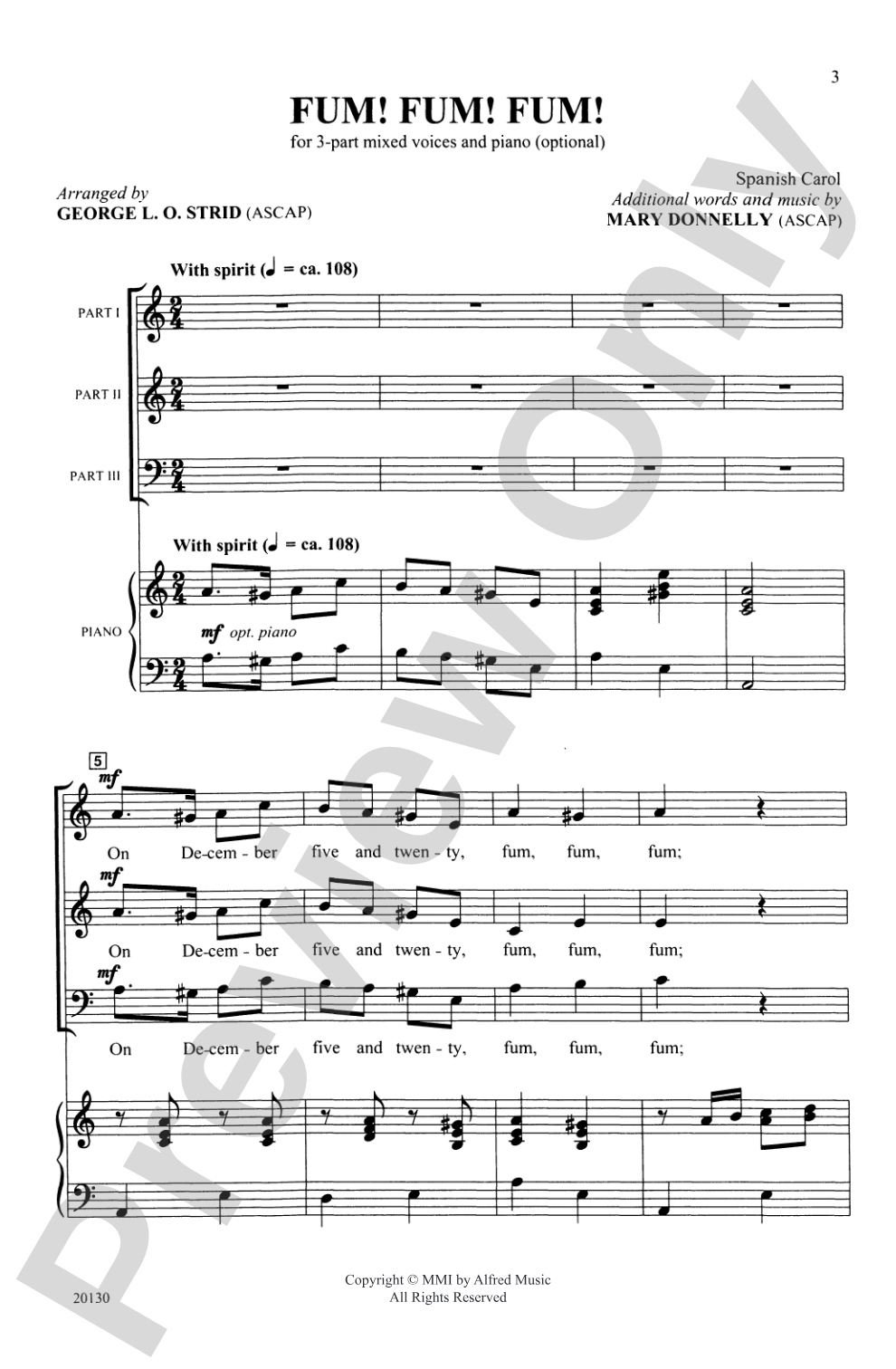 Fum! Fum! Fum! (Spanish Carol): 3-Part Mixed, Opt. <I>a cappella</I> Choral Octavo