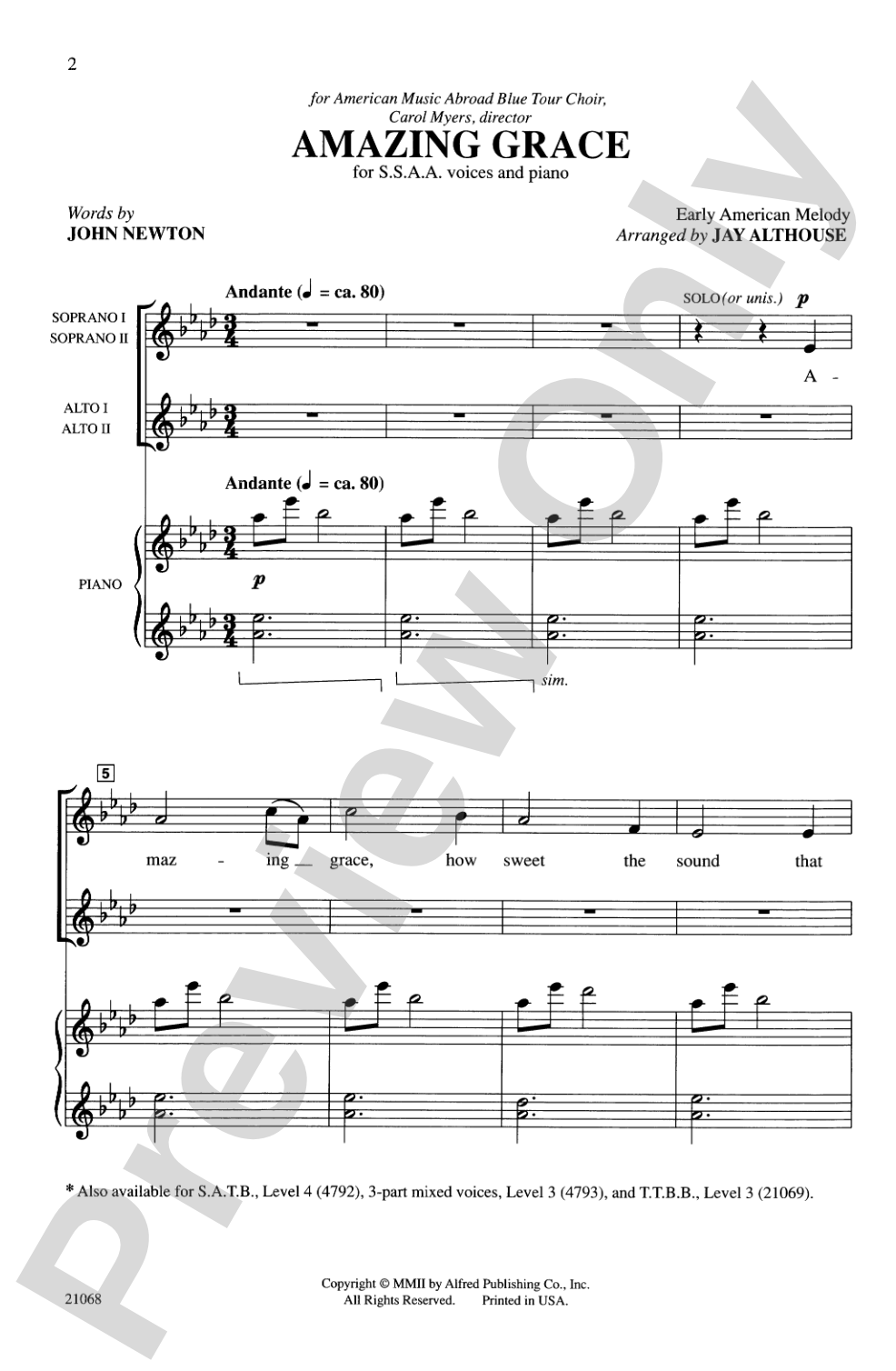 Amazing Grace: SSAA Choral Octavo