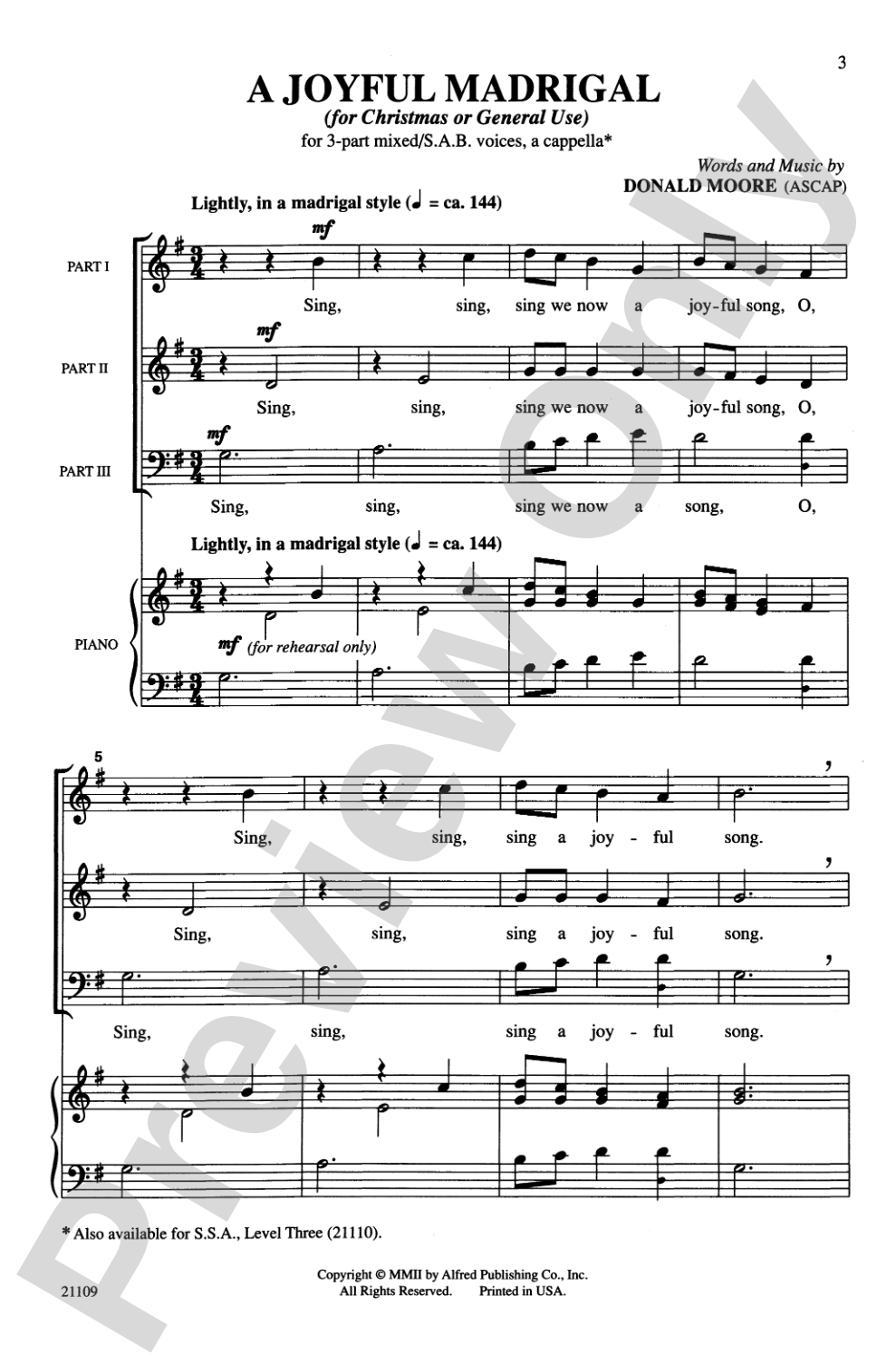 A Joyful Madrigal: 3-Part Mixed or SAB, <I>a cappella</I> Choral Octavo