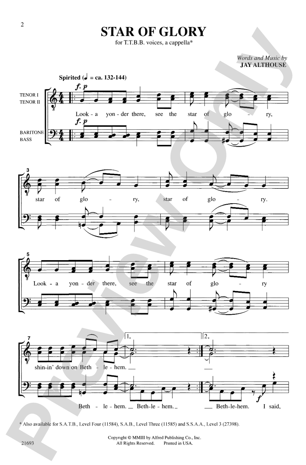 Star of Glory: TTBB, <I>a cappella</I> Choral Octavo