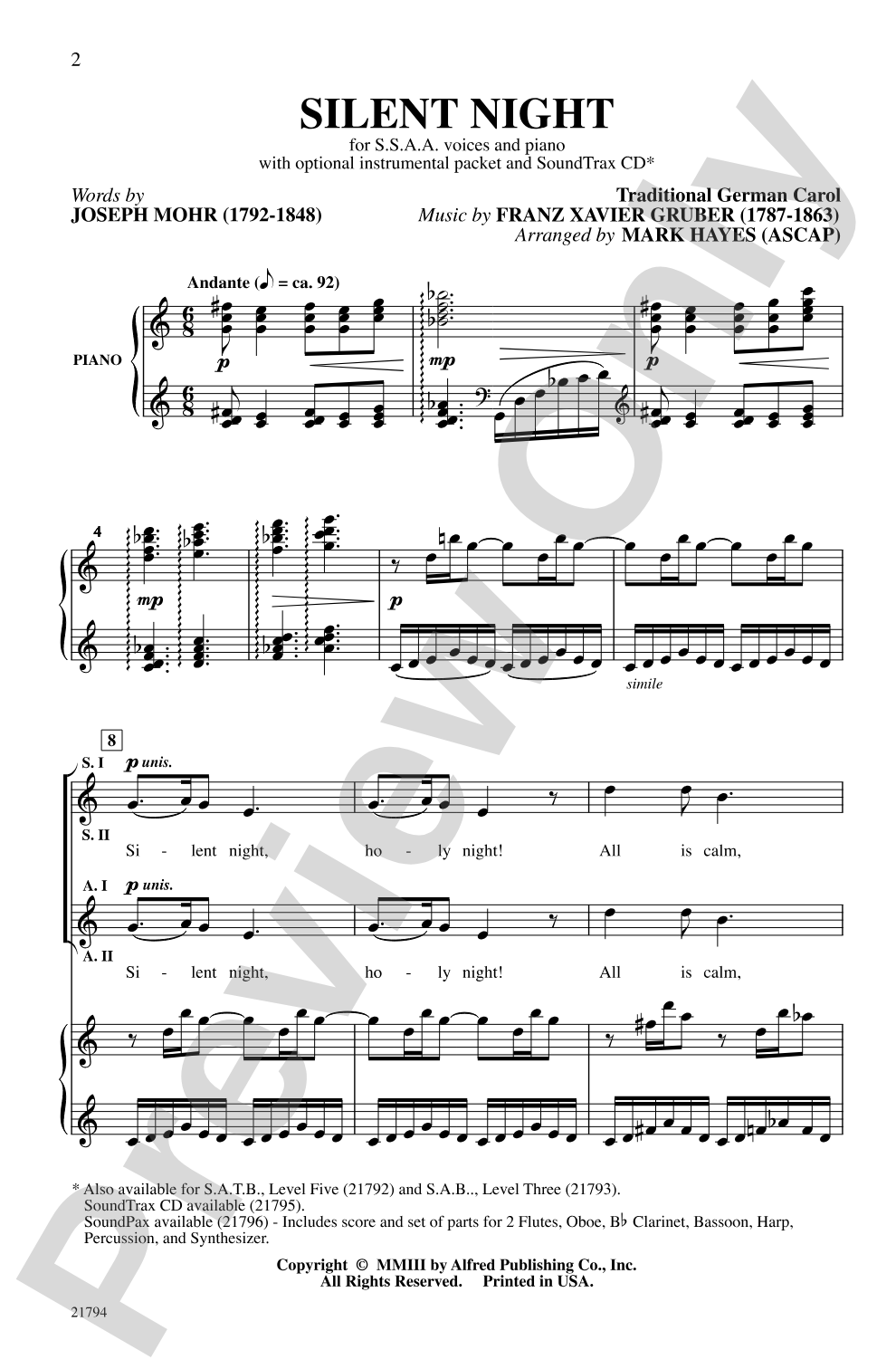 Silent Night: SSAA Choral Octavo