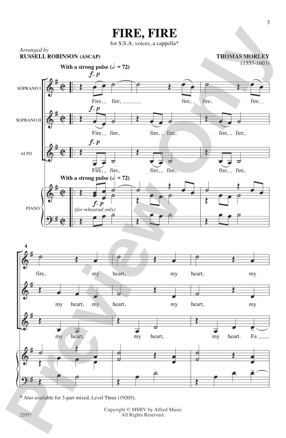 Fire, Fire: SSA, <I>a cappella</I> Choral Octavo