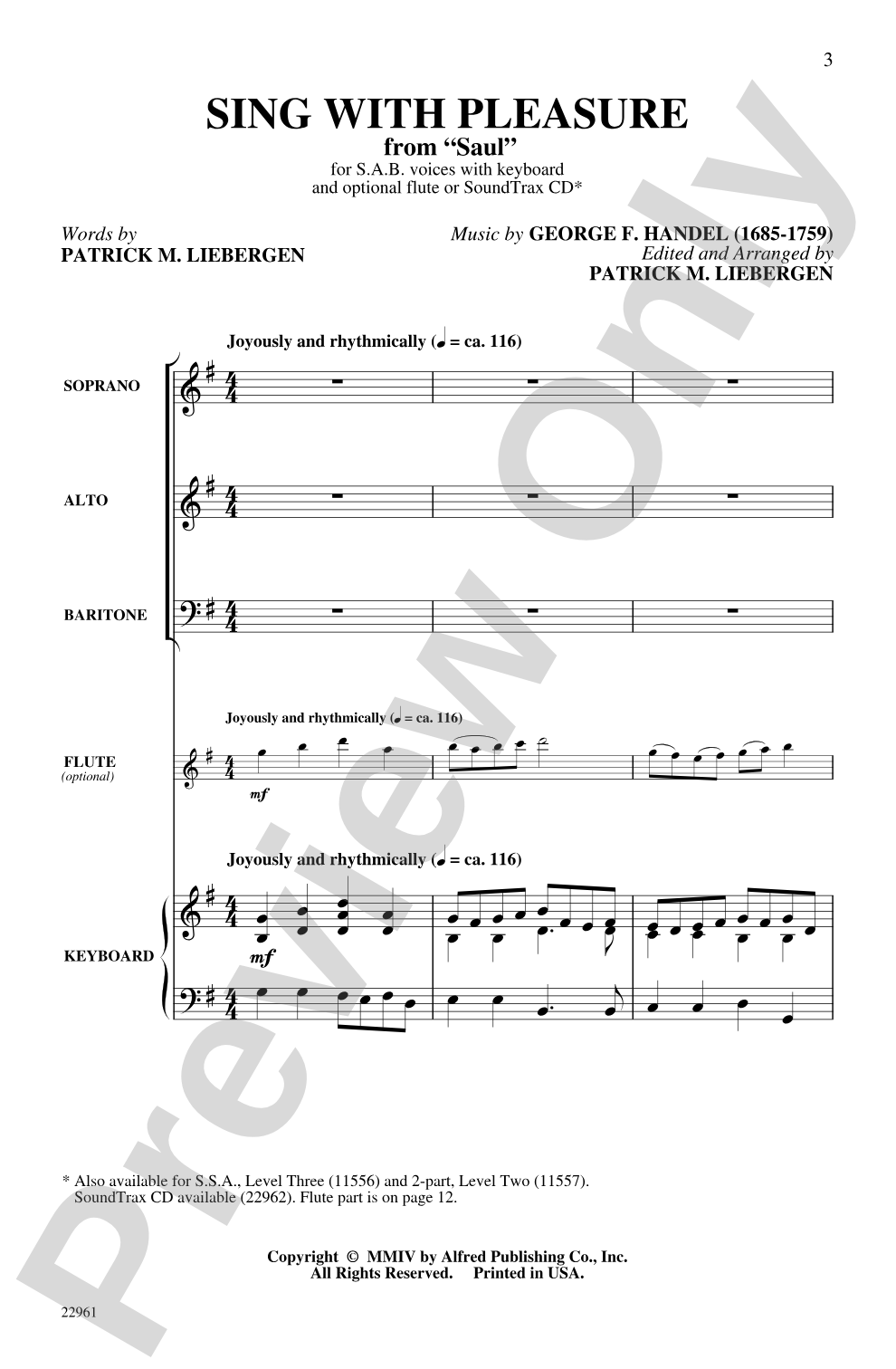 Sing with Pleasure (from <i>Saul</i>): SAB Choral Octavo