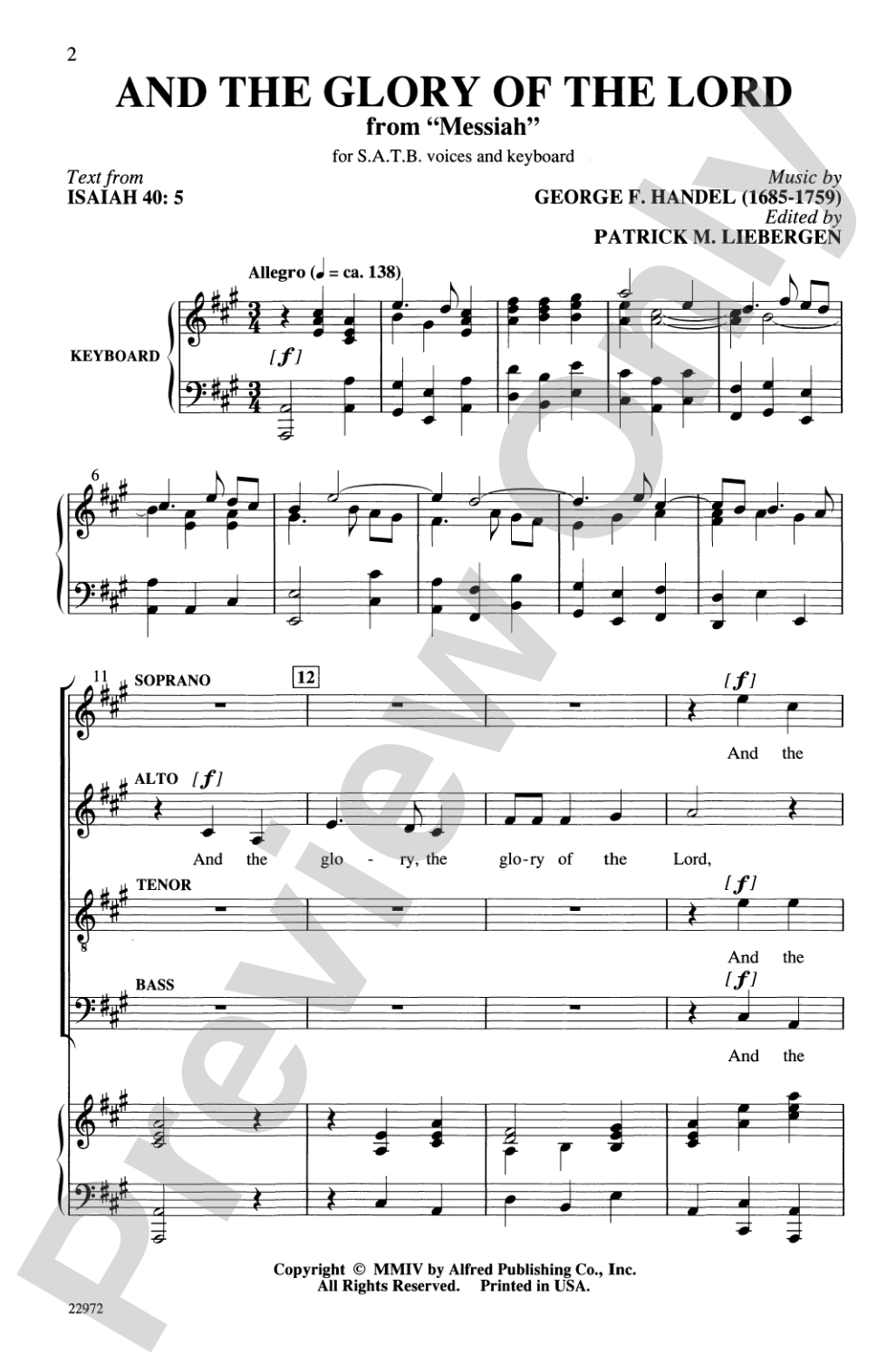 And the Glory of the Lord (from <i>The Messiah</i>): SATB Choral Octavo