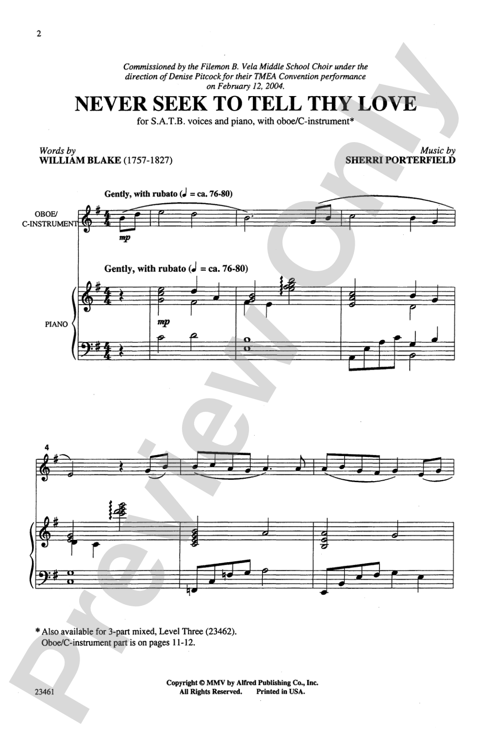 Never Seek to Tell Thy Love: SATB Choral Octavo