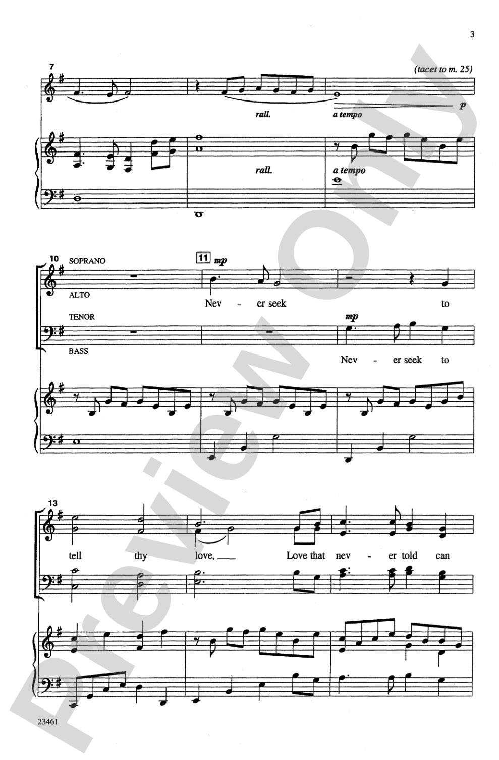 Never Seek to Tell Thy Love: SATB Choral Octavo