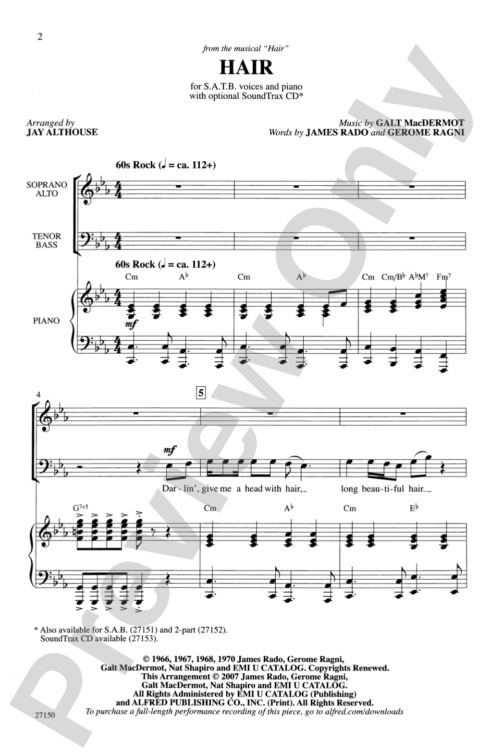 Hair (from <I>Hair</I>): SATB Choral Octavo
