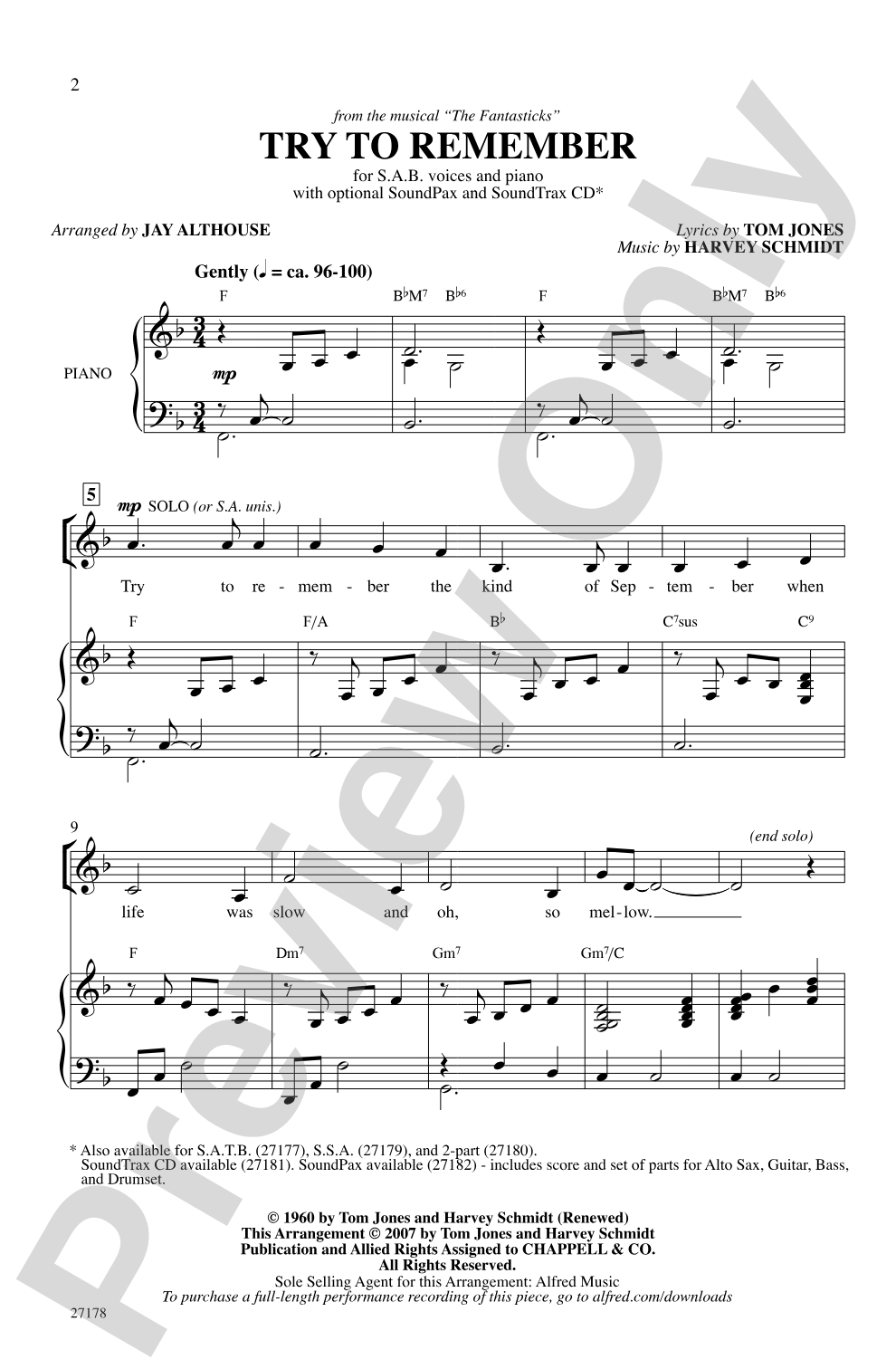 Try to Remember (from <I>The Fantasticks</I>): SAB Choral Octavo
