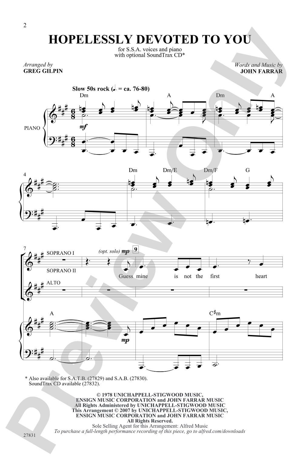 Hopelessly Devoted to You (from the musical <I>Grease</I>): SSA Choral Octavo