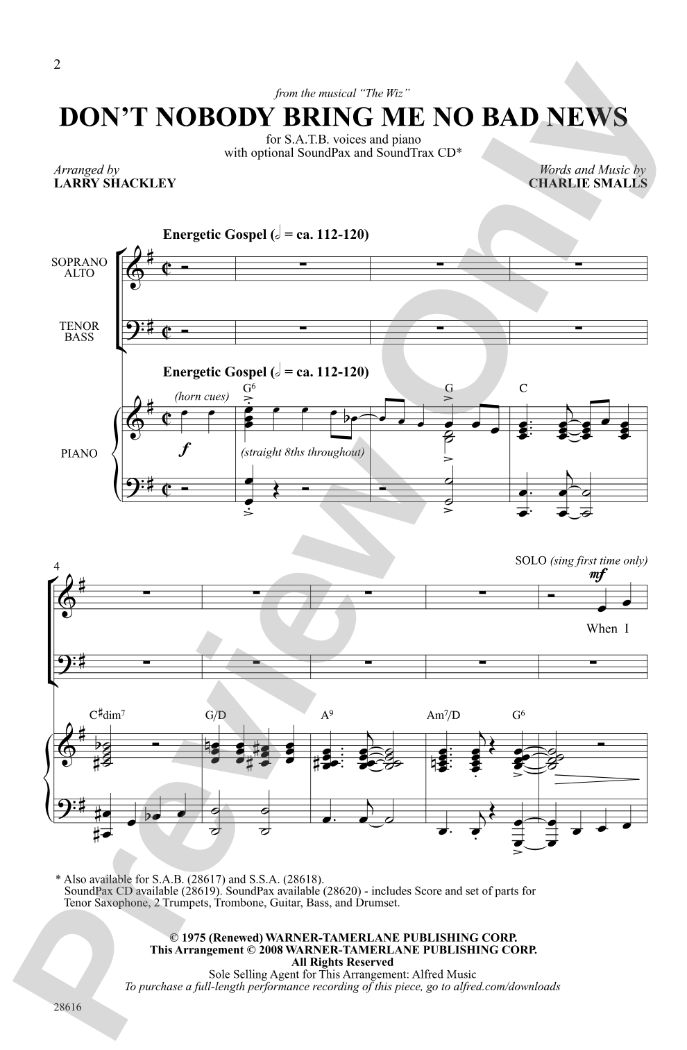 Don't Nobody Bring Me No Bad News (from the musical <i>The Wiz</i>): SATB Choral Octavo