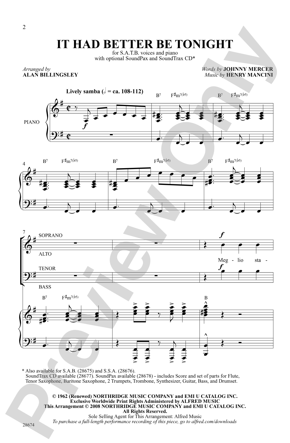 It Had Better Be Tonight (recorded by Michael Buble): SATB Choral Octavo
