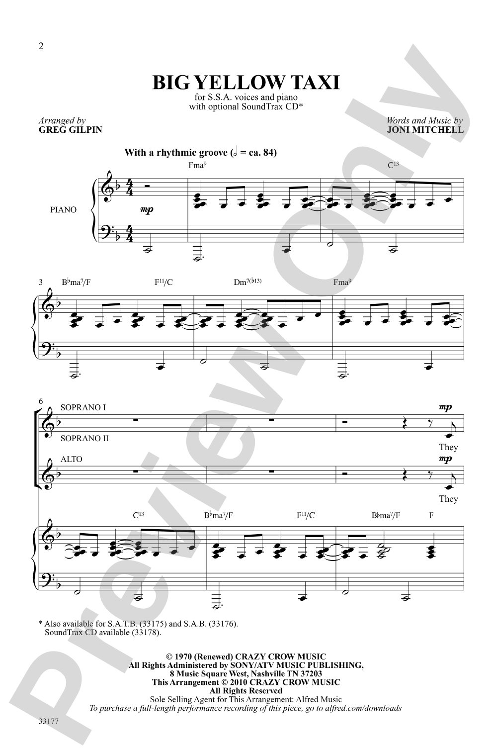 Big Yellow Taxi: SSA Choral Octavo