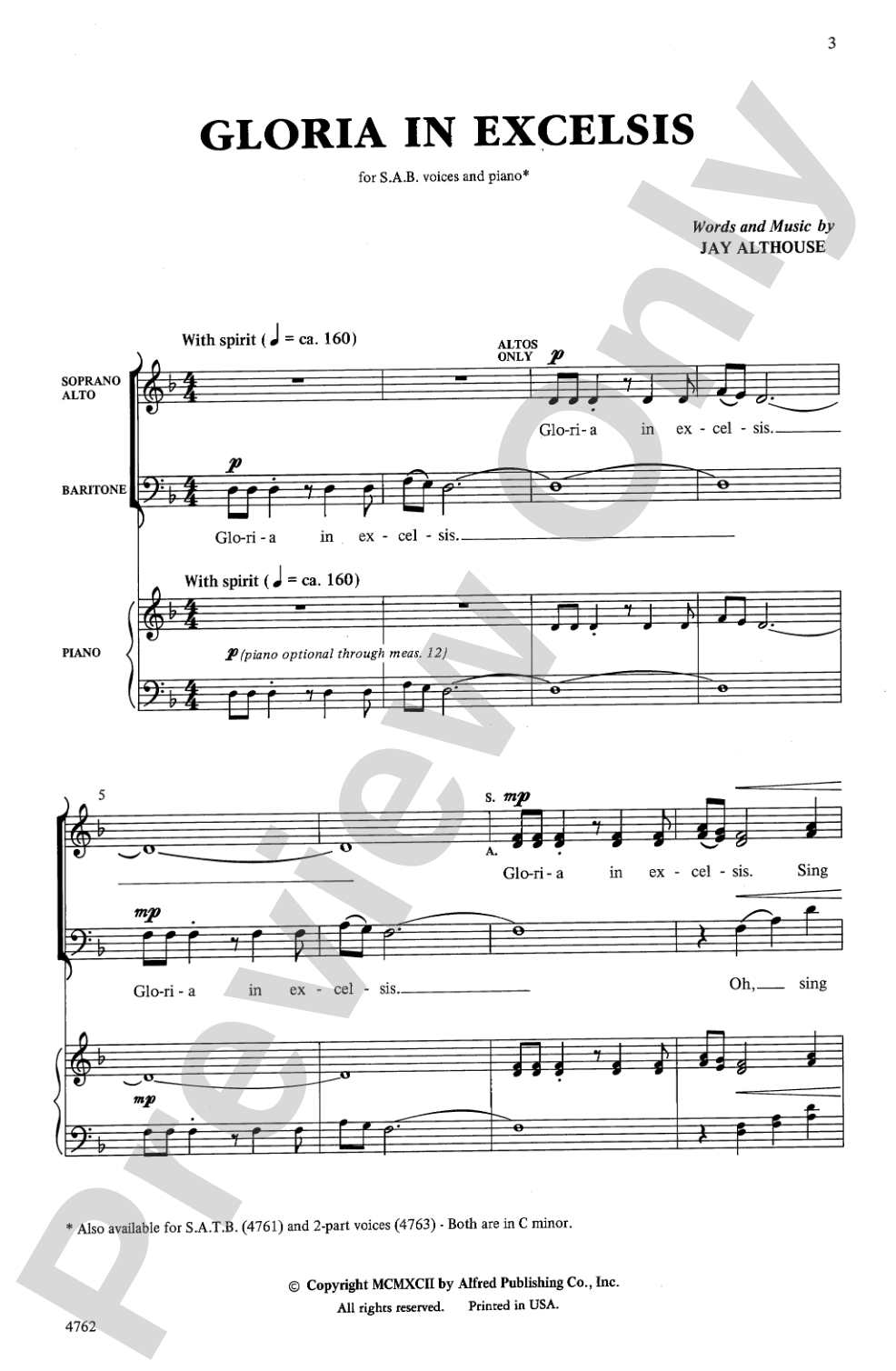 Gloria In Excelsis: SAB Choral Octavo