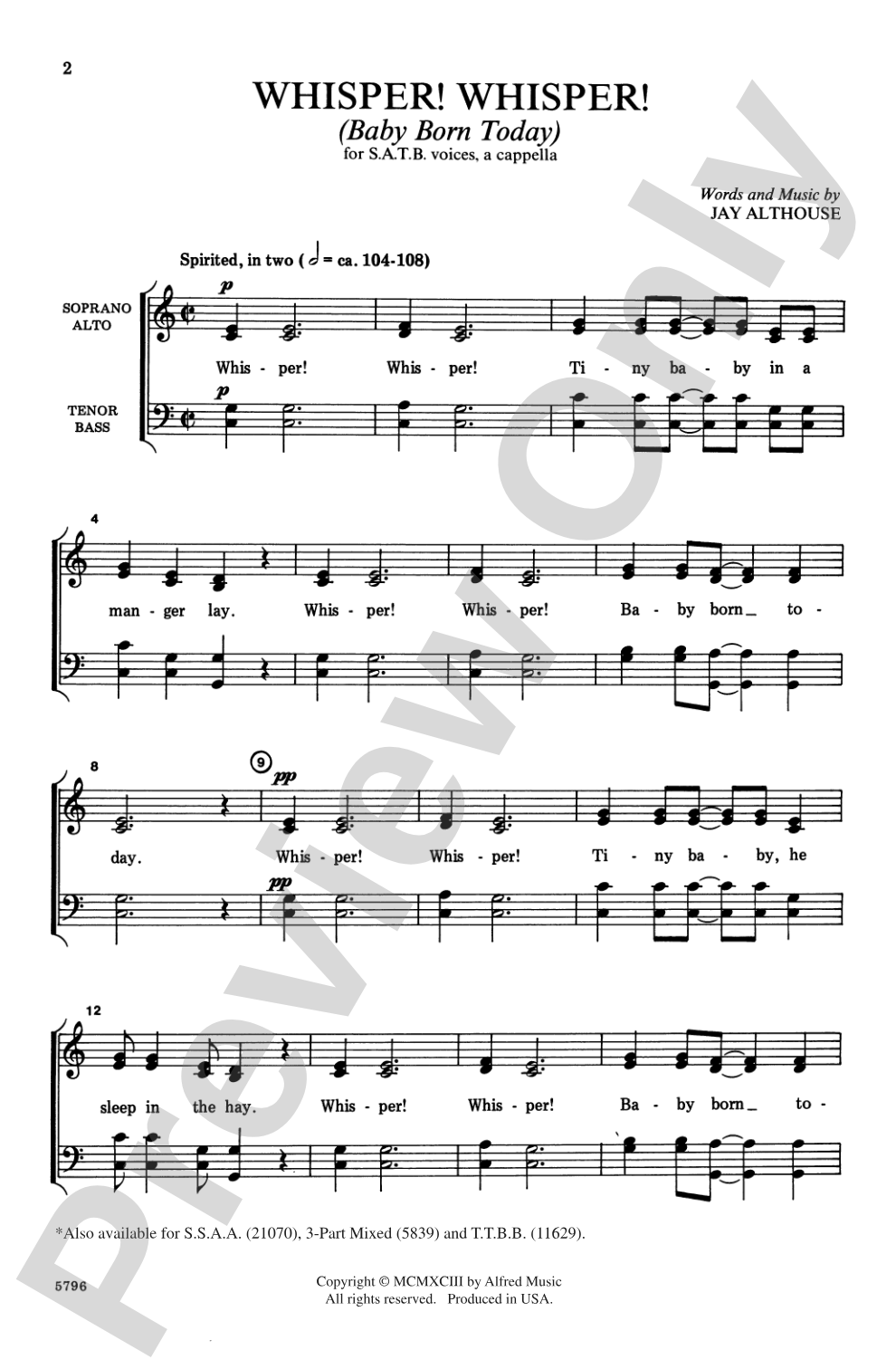 Whisper! Whisper! (Baby Born Today): SATB, <I>a cappella</I> Choral Octavo