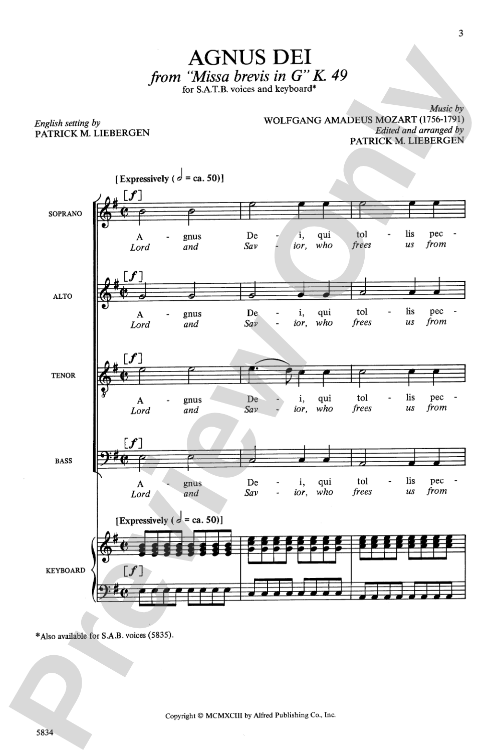 Agnus Dei (from <i>Missa Brevis in G</i>): SATB Choral Octavo