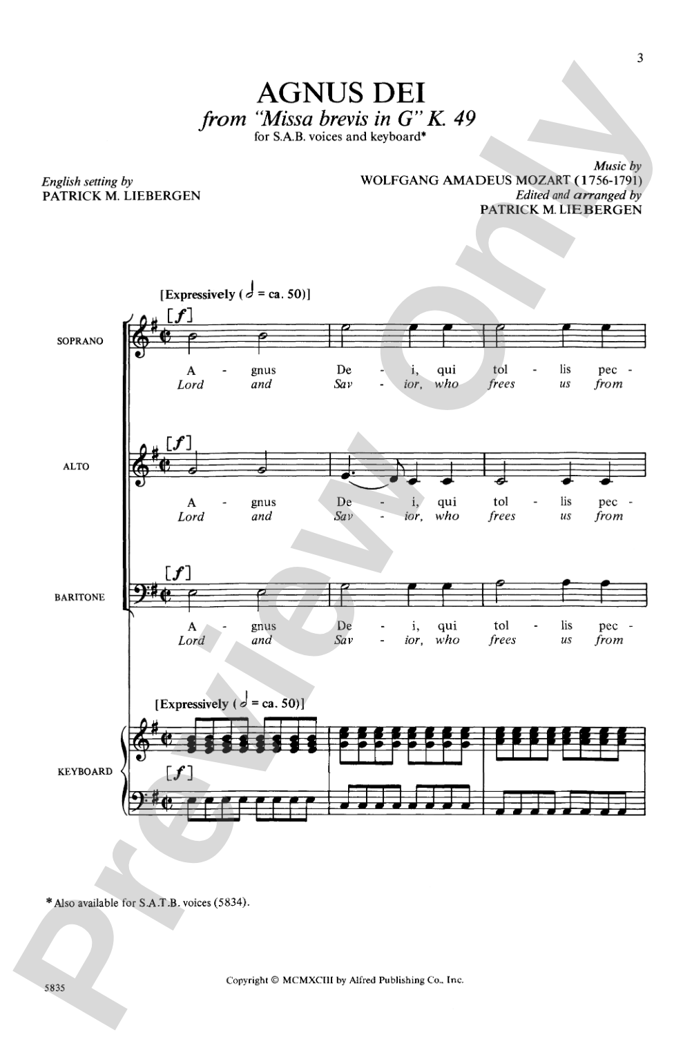 Agnus Dei (from <i>Missa Brevis in G</i>): SAB Choral Octavo