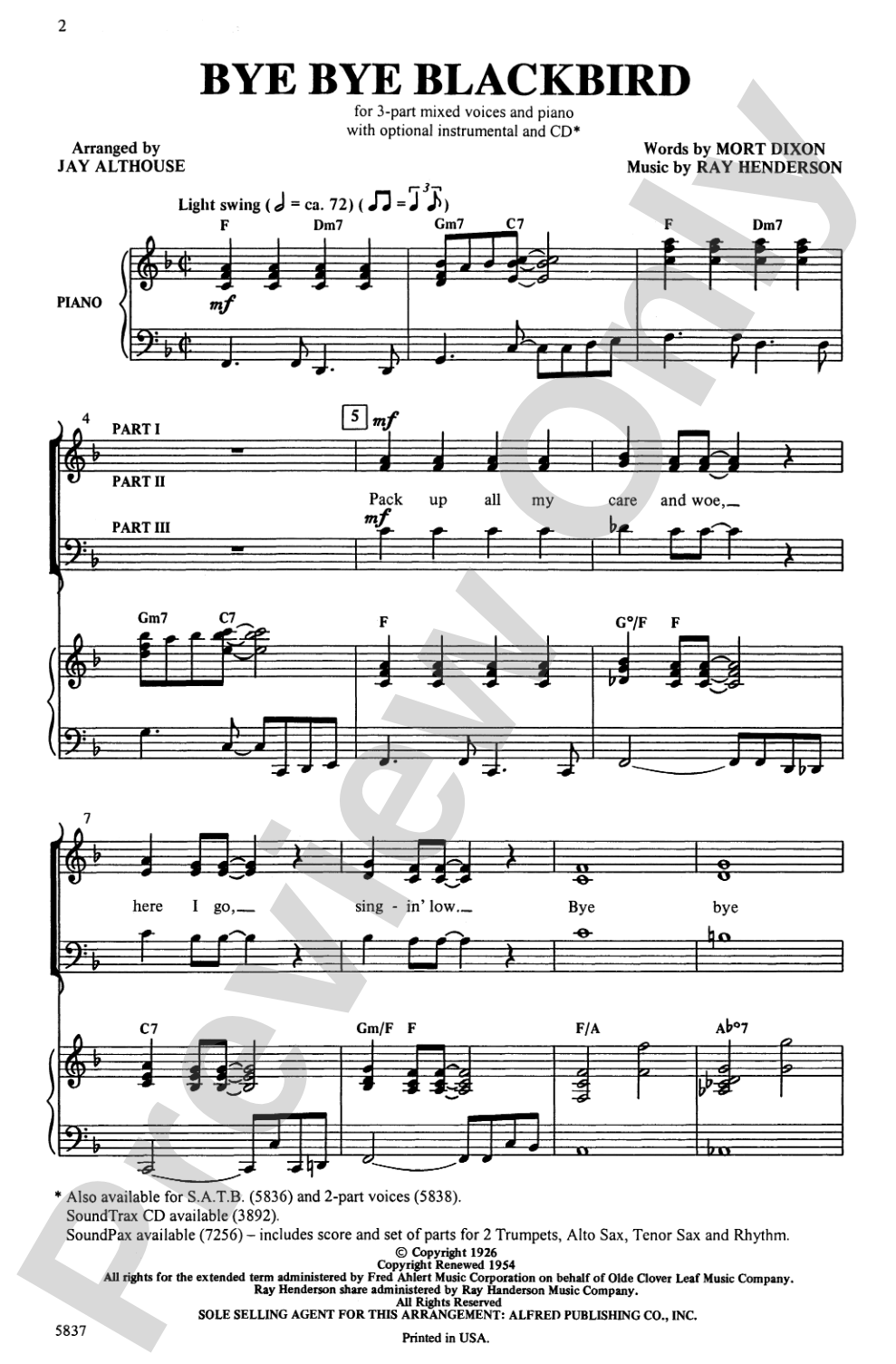 Bye Bye Blackbird: 3-Part Mixed Choral Octavo