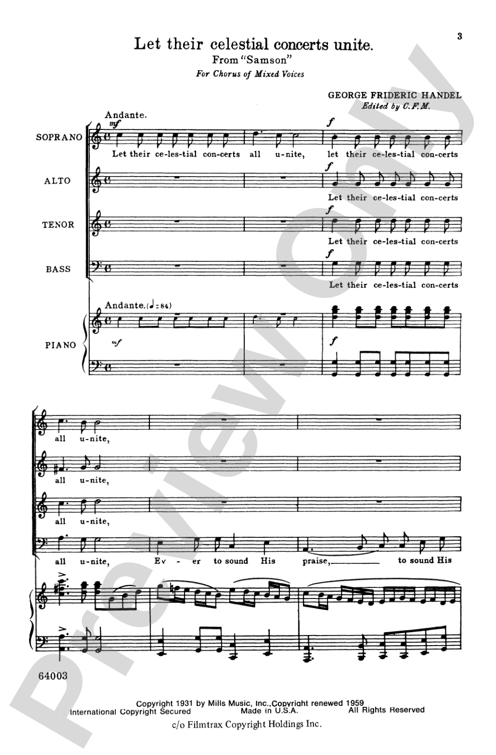 Let Their Celestial Concerts Unite (from <I>Samson</I>): SATB Choral Octavo