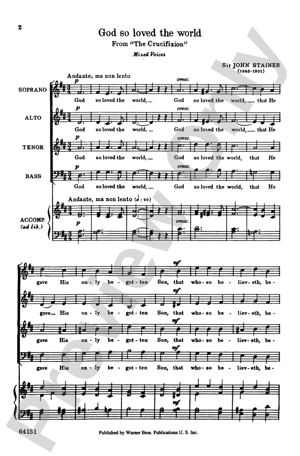 God So Loved the World: SATB, <I>a cappella</I> ad lib. Choral Octavo