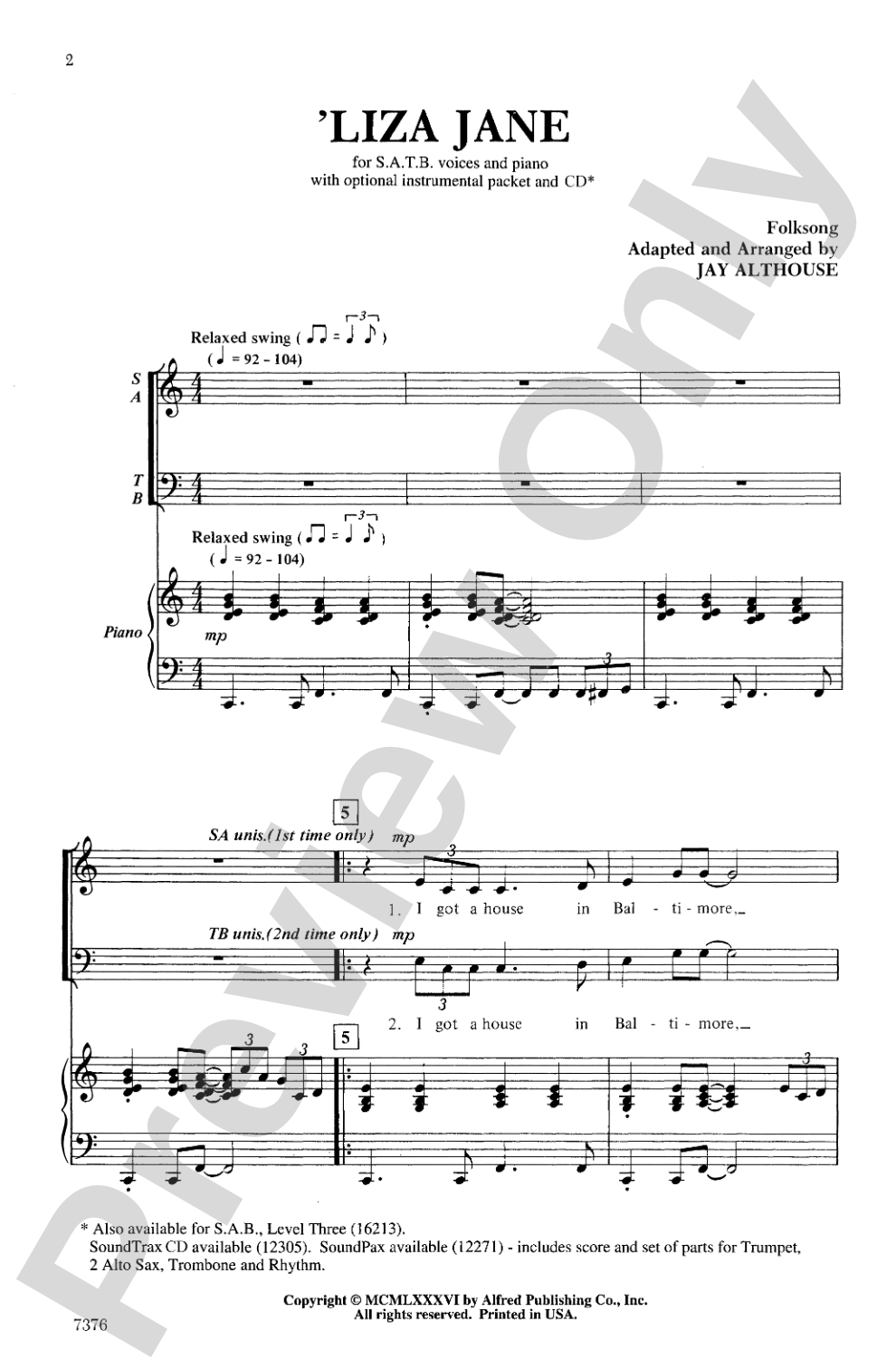 'Liza Jane: SATB Choral Octavo